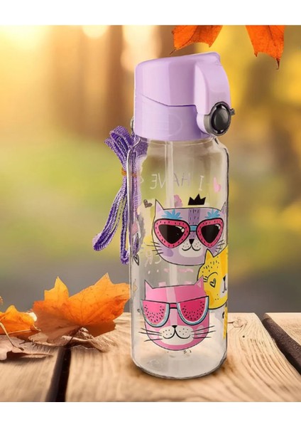 Relaxion Desenli Mor Sevimli Kedi Şeffaf Pipetli Matara Suluk 500ML