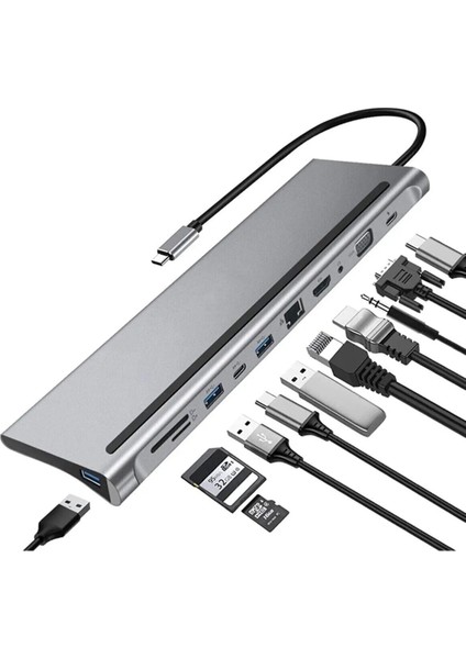 11 In 1 Macbook Type C Uyumlu Multı Function HDMI Usb*3 Pd Type C*2 RJ45 Sd Tf VGA 3.5mm Audio Ses