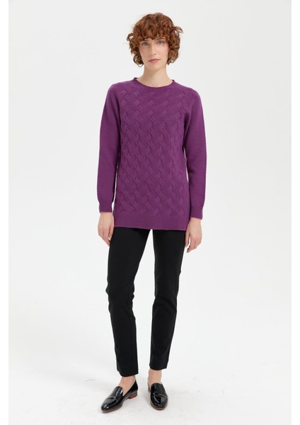 Kadın Sıfır Yaka Dikişsiz Önü Saç Örgülü Yün Kazak A.mor fiyatları