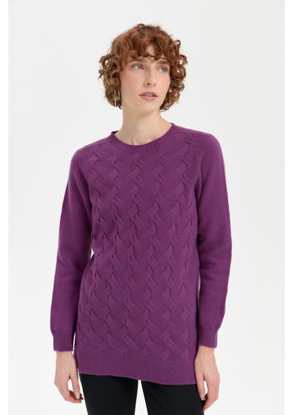 Kadın Sıfır Yaka Dikişsiz Önü Saç Örgülü Yün Kazak A.mor modelleri