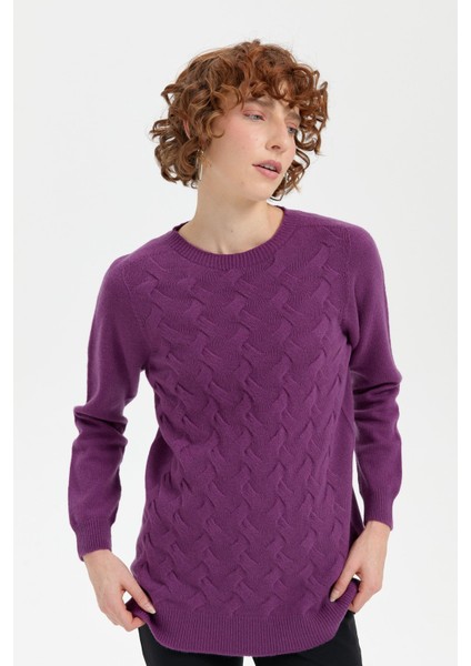 Kadın Sıfır Yaka Dikişsiz Önü Saç Örgülü Yün Kazak A.mor fırsatları