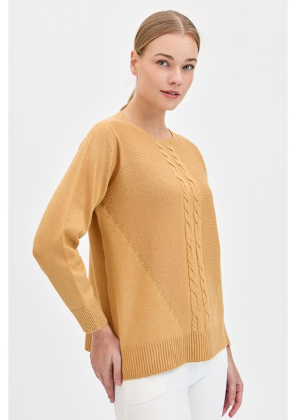 Kadın Sıfır Yaka Önü Saç Örgülü Kazak Camel fırsatları