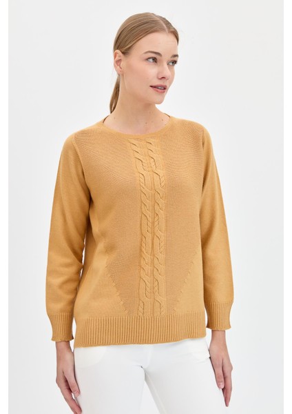 Kadın Sıfır Yaka Önü Saç Örgülü Kazak Camel indirimleri