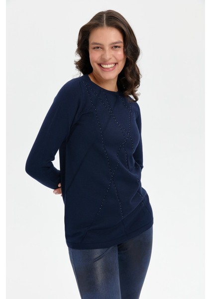 Kadın Önü Çapraz Desenli Taşlı Dikişsiz Kazak K.lacivert