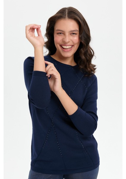 Kadın Önü Çapraz Desenli Taşlı Dikişsiz Kazak K.lacivert fiyatları