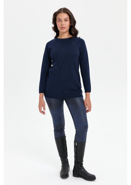 Kadın Önü Çapraz Desenli Taşlı Dikişsiz Kazak K.lacivert modelleri