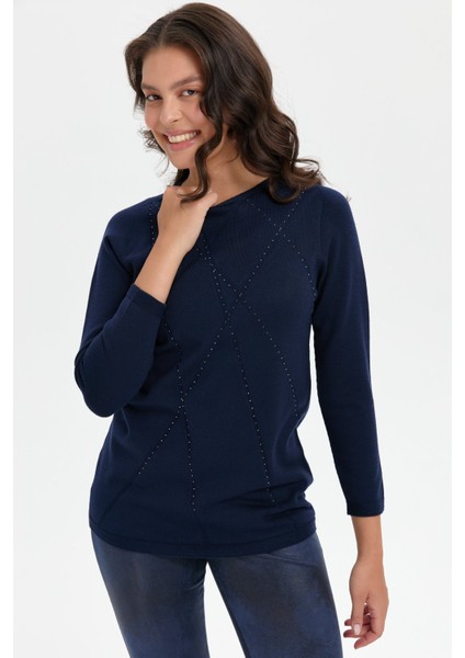 Kadın Önü Çapraz Desenli Taşlı Dikişsiz Kazak K.lacivert fırsatları