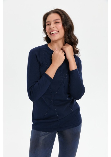 Kadın Önü Çapraz Desenli Taşlı Dikişsiz Kazak K.lacivert indirimleri