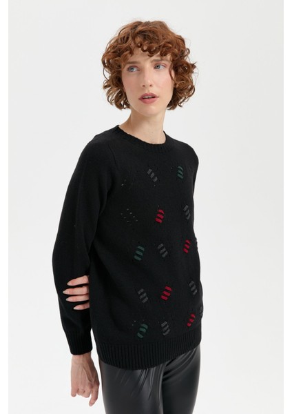 Kadın Sıfır Yaka Dikişsiz Yün Kazak Siyah indirimleri