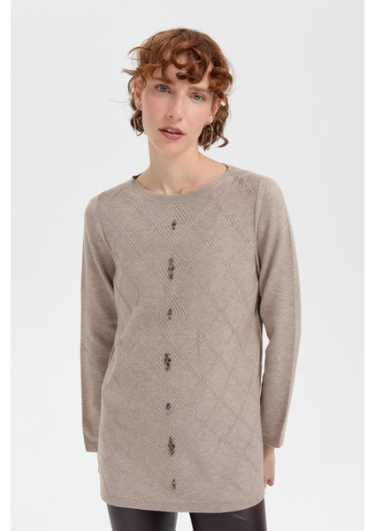 Kadın Sıfır Yaka Dikişsiz Önü Baklavalı Kazak Vizon