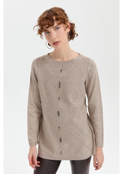 Kadın Sıfır Yaka Dikişsiz Önü Baklavalı Kazak Vizon fırsatları