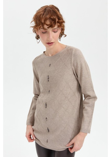 Kadın Sıfır Yaka Dikişsiz Önü Baklavalı Kazak Vizon indirimleri