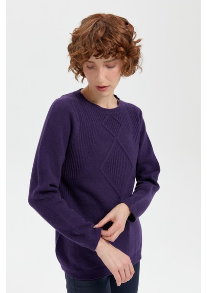 Kadın Sıfır Yaka Dikişsiz Önü Selanik Baklava Örgü Yün Kazak K.mor modelleri