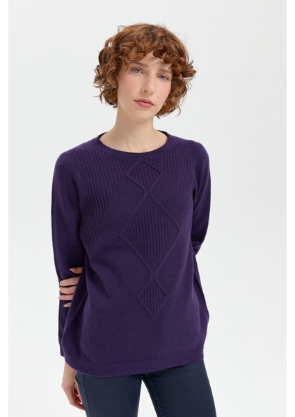 Kadın Sıfır Yaka Dikişsiz Önü Selanik Baklava Örgü Yün Kazak K.mor indirimleri