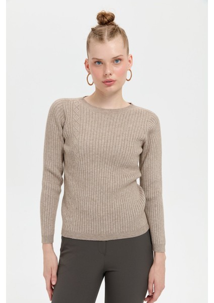 Kadın Sıfır Yaka Dikişsiz Önü Desenli Kazak Vizon