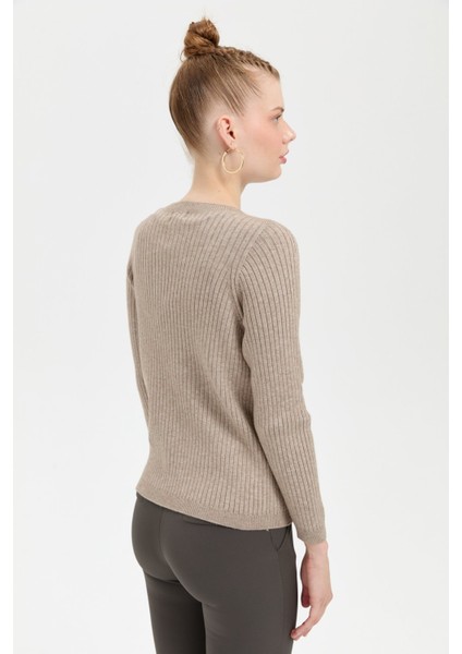 Kadın Sıfır Yaka Dikişsiz Önü Desenli Kazak Vizon modelleri