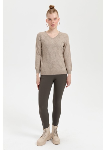 Kadın V Yaka Dikişsiz Önü Desenli Kazak Vizon fiyatları