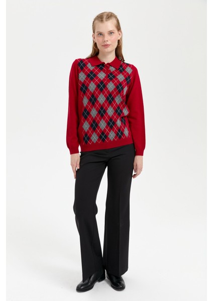 Kadın Polo Yaka Önü Baklavalı Yün Kazak K.kırmızı fiyatları