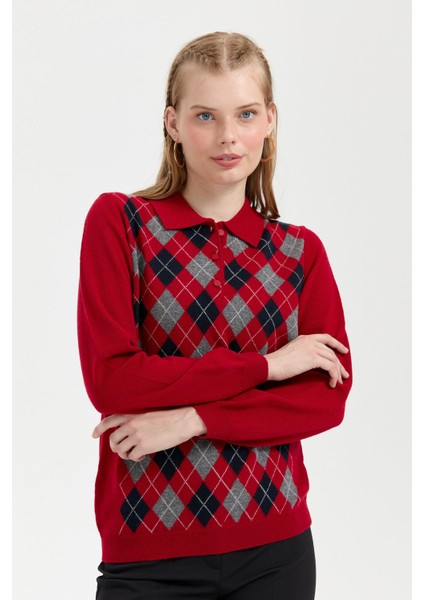 Kadın Polo Yaka Önü Baklavalı Yün Kazak K.kırmızı modelleri