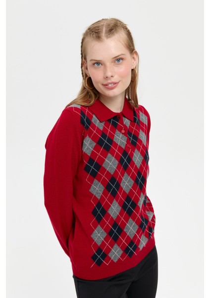 Kadın Polo Yaka Önü Baklavalı Yün Kazak K.kırmızı indirimleri