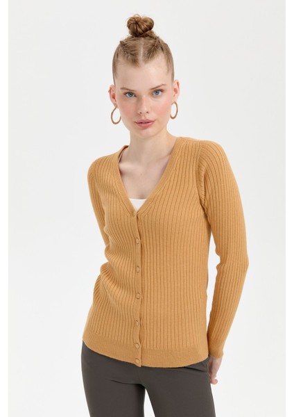 Kadın V Yaka Dikişsiz Hırka Camel