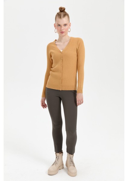 Kadın V Yaka Dikişsiz Hırka Camel fiyatları