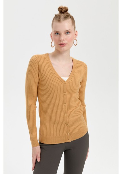 Kadın V Yaka Dikişsiz Hırka Camel indirimleri