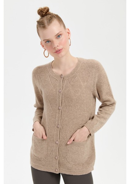 Kadın Sıfır Yaka Önü Baklava Örgü Dikişsiz Yün Hırka K.bej fiyatları
