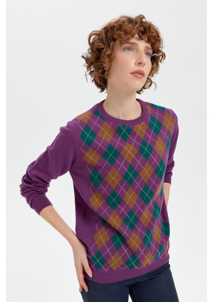 Kadın Sıfır Yaka Önü Baklava Desenli Yün Kazak A.mor