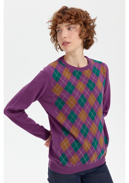 Kadın Sıfır Yaka Önü Baklava Desenli Yün Kazak A.mor indirimleri