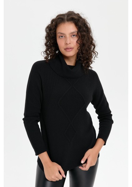 Kadın Degaje Yaka Dikişsiz Önü Selanik Örgü Yün Kazak Siyah