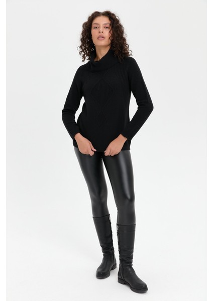 Kadın Degaje Yaka Dikişsiz Önü Selanik Örgü Yün Kazak Siyah fiyatları