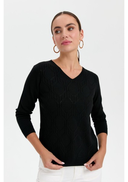Kadın V Yaka Dikişsiz Önü Desenli Kazak Siyah fırsatları
