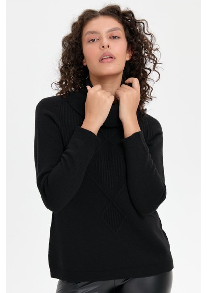 Kadın Degaje Yaka Dikişsiz Önü Selanik Örgü Yün Kazak Siyah modelleri