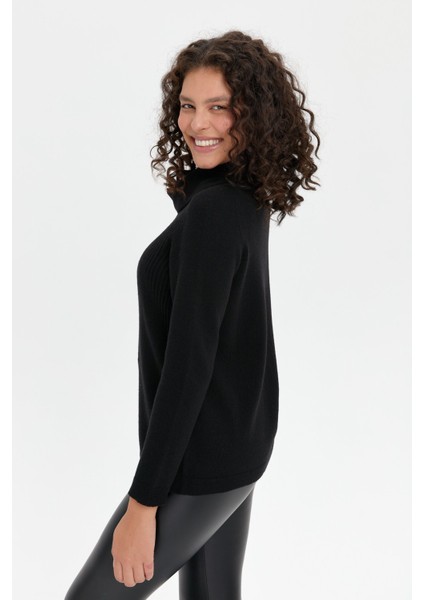 Kadın Degaje Yaka Dikişsiz Önü Selanik Örgü Yün Kazak Siyah fırsatları