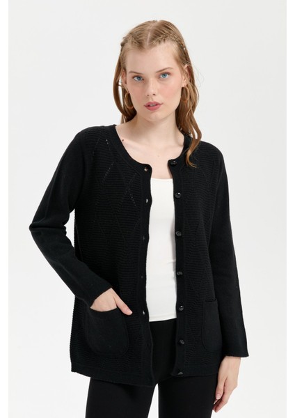 Kadın Sıfır Yaka Önü Baklava Örgü Dikişsiz Yün Hırka Siyah