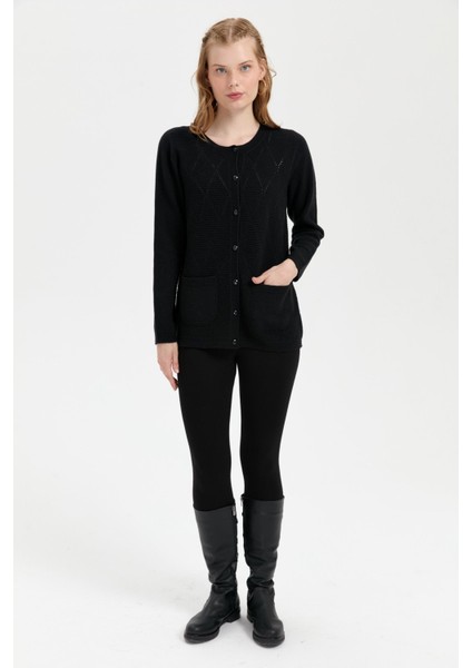 Kadın Sıfır Yaka Önü Baklava Örgü Dikişsiz Yün Hırka Siyah fiyatları