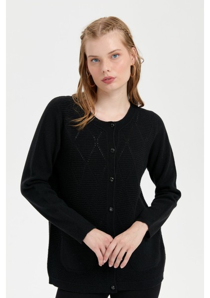 Kadın Sıfır Yaka Önü Baklava Örgü Dikişsiz Yün Hırka Siyah indirimleri