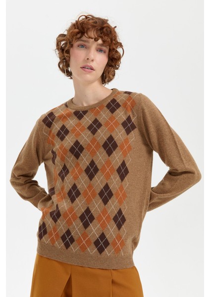 Kadın Sıfır Yaka Önü Baklava Desenli Yün Kazak V.camel indirimleri