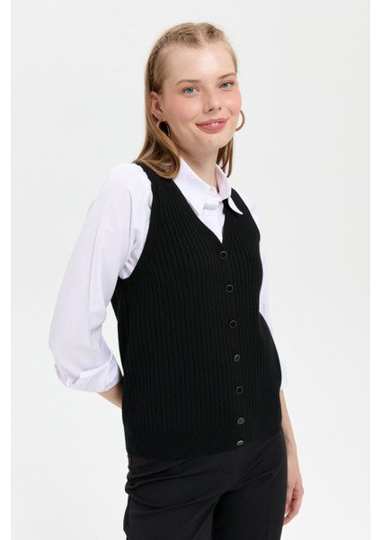 Kadın V Yaka Dikişsiz Yelek Siyah