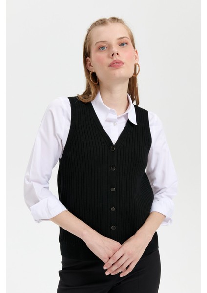 Kadın V Yaka Dikişsiz Yelek Siyah fiyatları