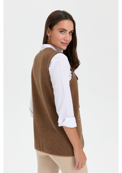 Kadın V Yaka Cep Üstü Nakış Işlemeli Yün Yelek V.camel fırsatları