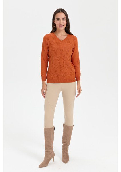 Kadın V Yaka Dikişsiz Önü Desenli Kazak Turuncu fiyatları