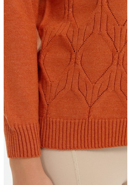 Kadın V Yaka Dikişsiz Önü Desenli Kazak Turuncu indirimleri