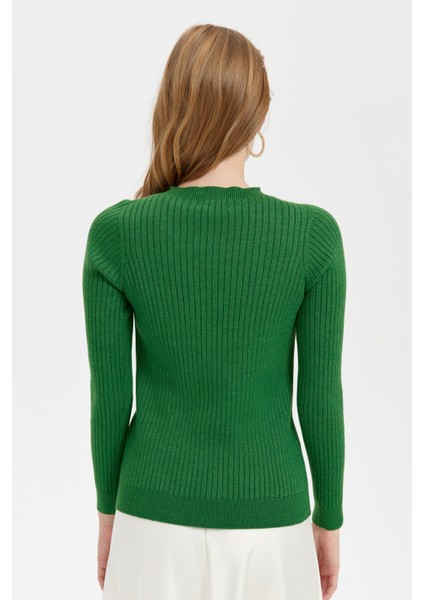 Kadın Sıfır Yaka Dikişsiz Önü Desenli Kazak K.yosun fırsatları