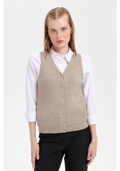 Kadın V Yaka Dikişsiz Yelek Vizon