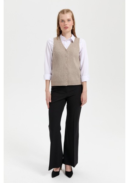 Kadın V Yaka Dikişsiz Yelek Vizon fiyatları