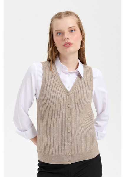 Kadın V Yaka Dikişsiz Yelek Vizon fırsatları