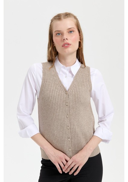 Kadın V Yaka Dikişsiz Yelek Vizon indirimleri