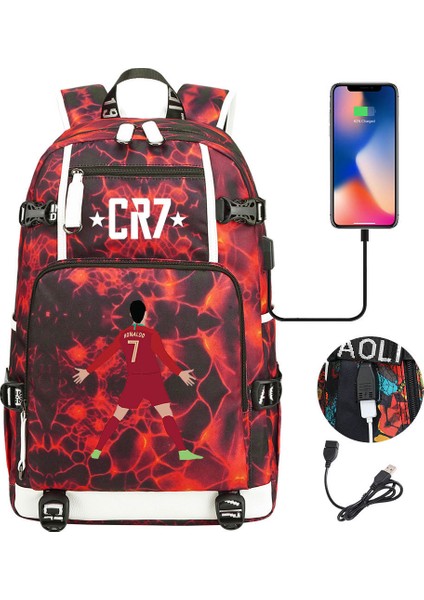 Futbol Yıldızı C Luo USB Büyük Kapasiteli Genç Öğrenciler Okul Çantası Erkekler ve Kadınlar Rahat Seyahat Sırt Çantaları Omuzlar (Yurt Dışından)